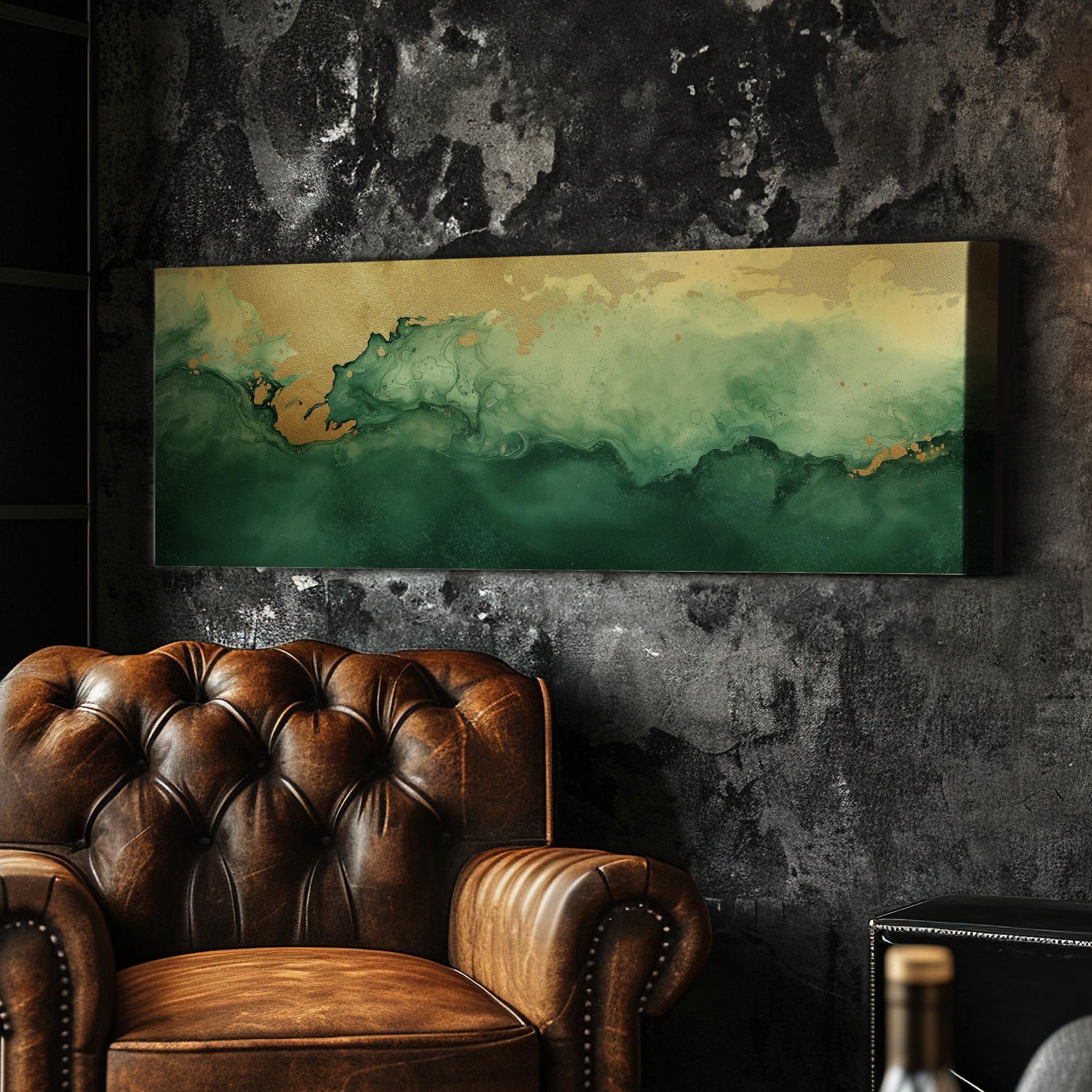 Abstract Golden Flow Panoramic Wall Art Emerald Green, Panorama Beautiful Landscape Canvas Print, Rustic Country Decor Canvas Art