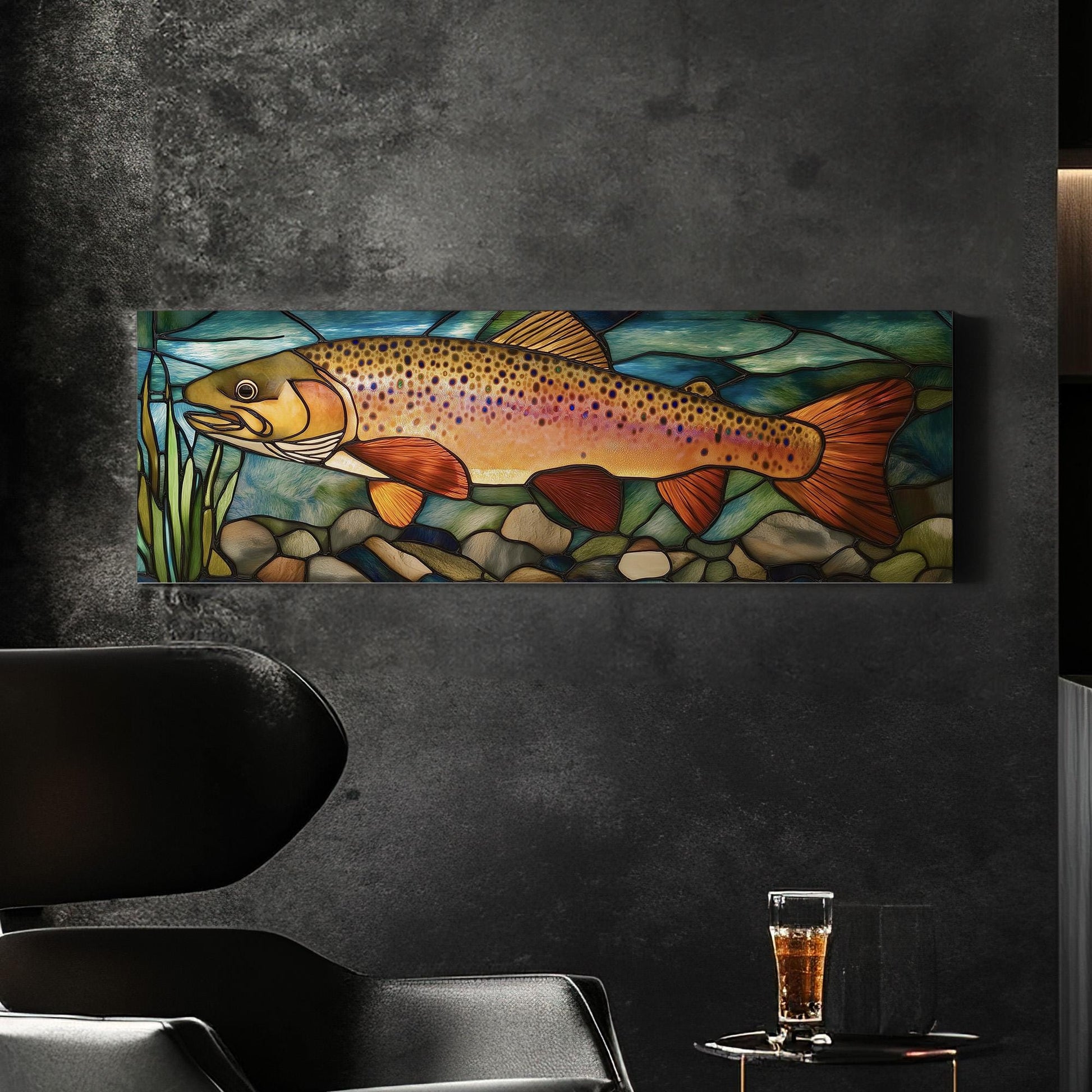 Alcohol Ink Large Rainbow Trout Panoramic Wall Art Fishing, Panorama Fisherman Canvas Print, Lakehouse Decor Canvas Art