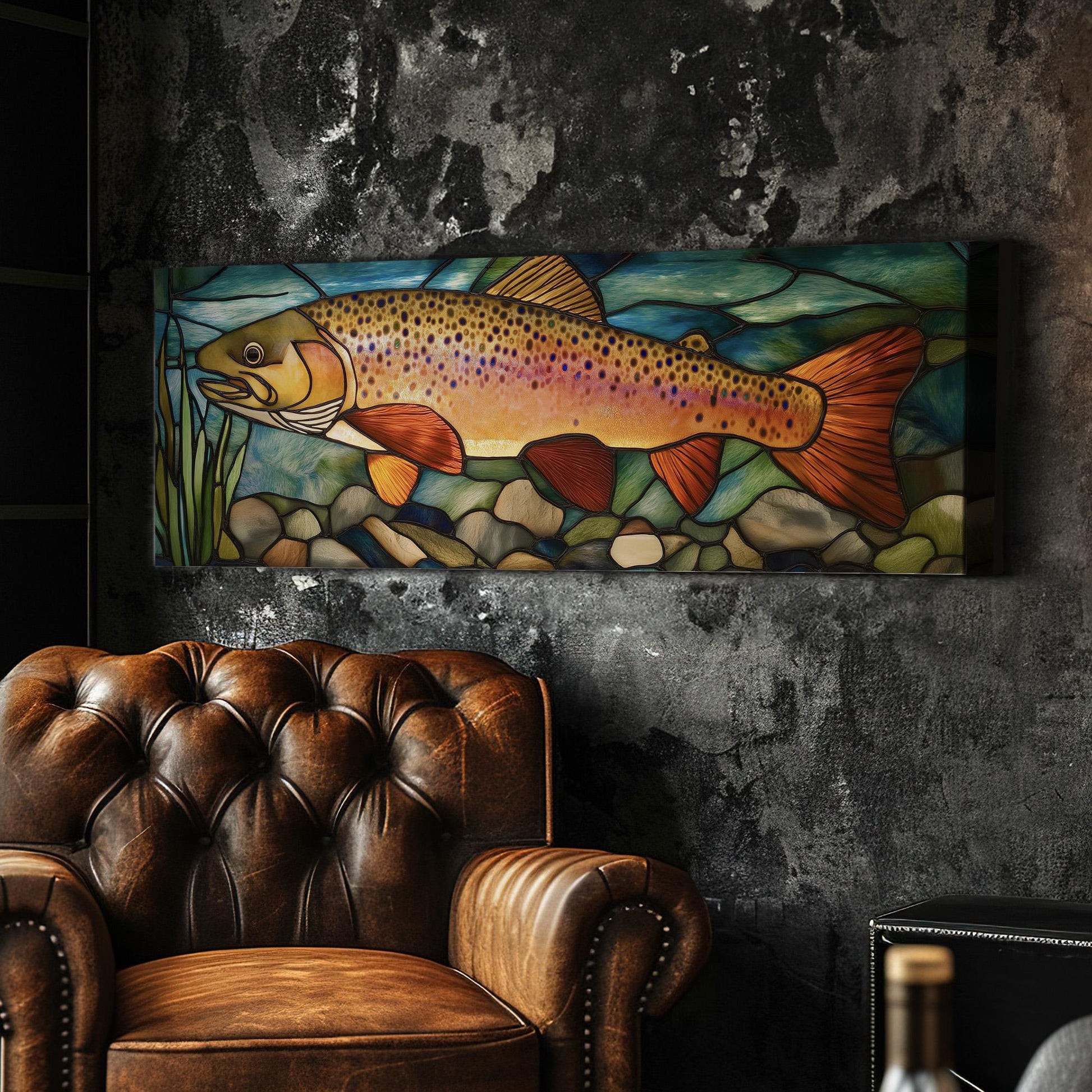 Alcohol Ink Large Rainbow Trout Panoramic Wall Art Fishing, Panorama Fisherman Canvas Print, Lakehouse Decor Canvas Art