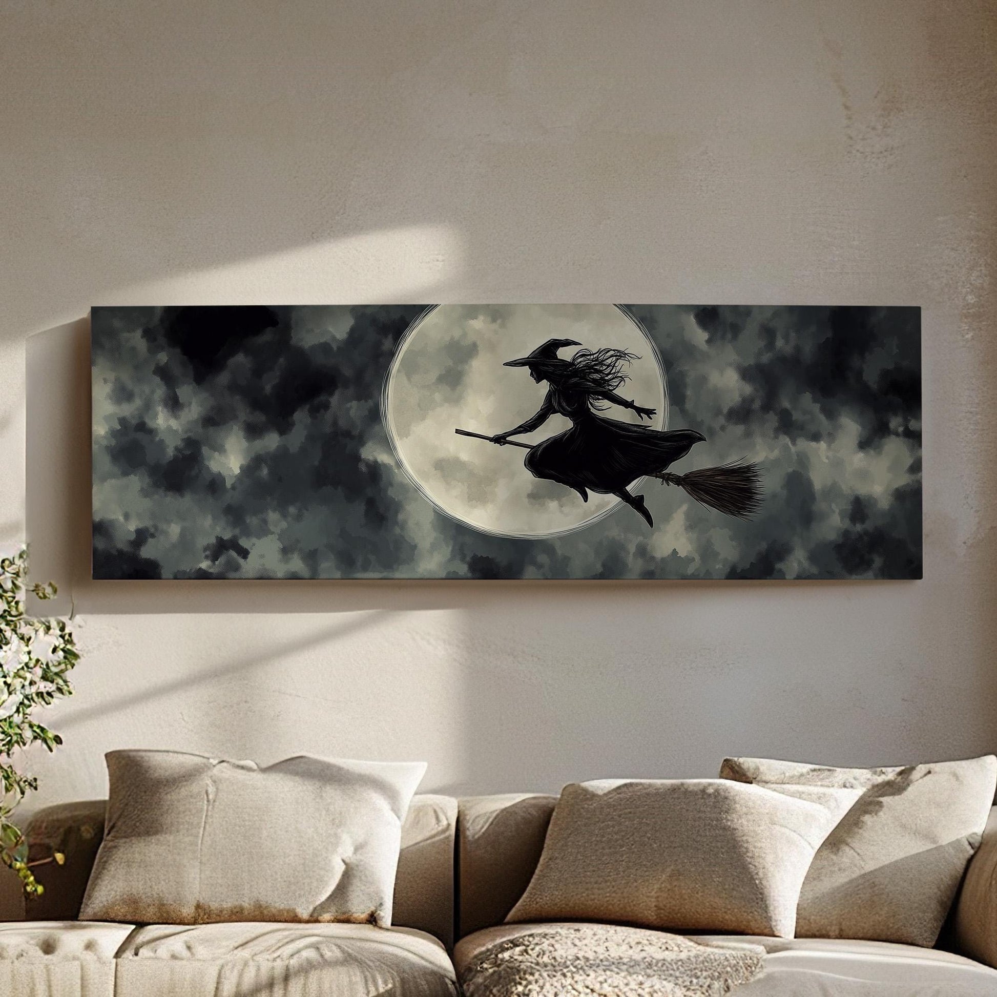 Halloween Witch Panoramic Wall Art Spooky, Panorama Dark Academia Canvas Print, Whimsical Decor Canvas Art