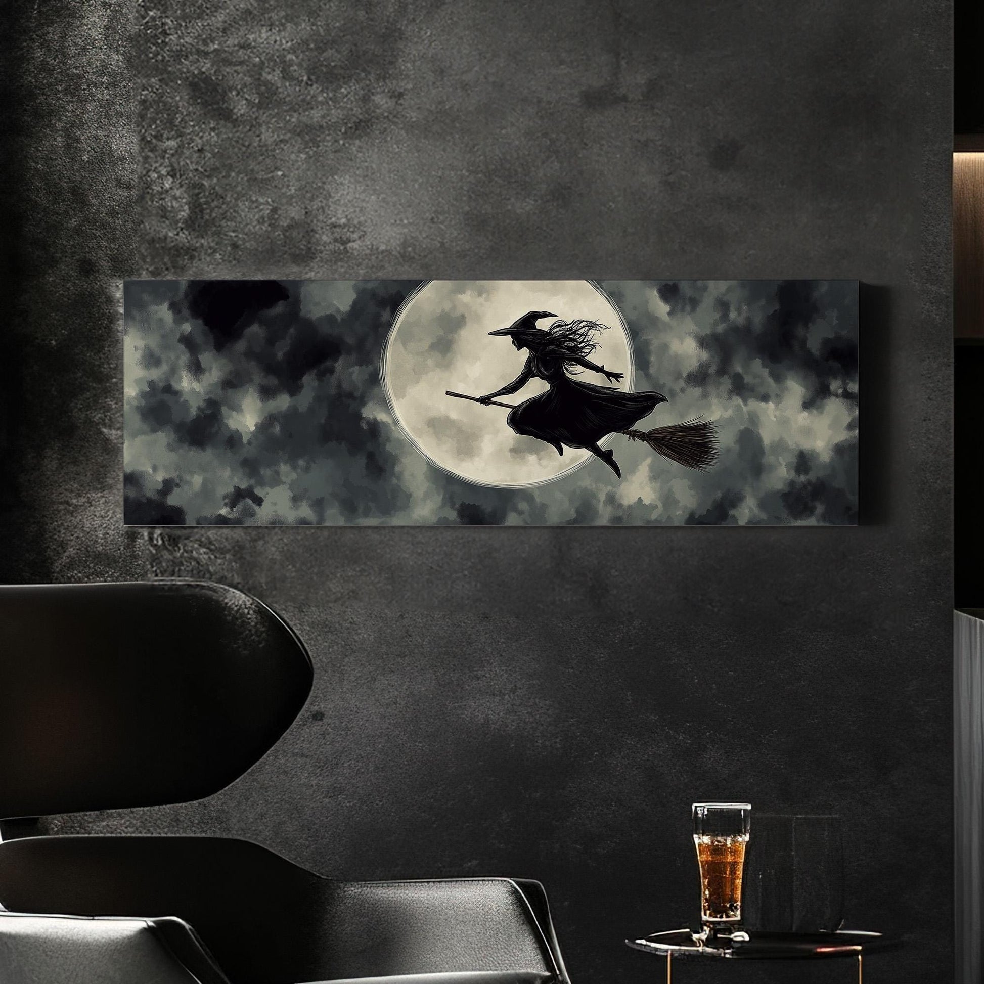 Halloween Witch Panoramic Wall Art Spooky, Panorama Dark Academia Canvas Print, Whimsical Decor Canvas Art