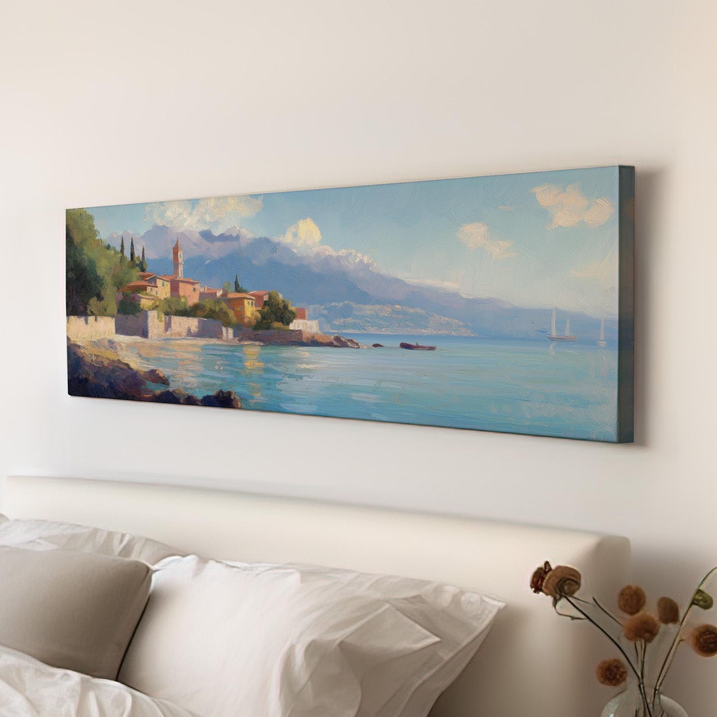 Italian Village By The Ocean Panoramic Wall Art Tuscany, Panorama Tuscan Village Canvas Print, Italian Countryside Decor Canvas Art