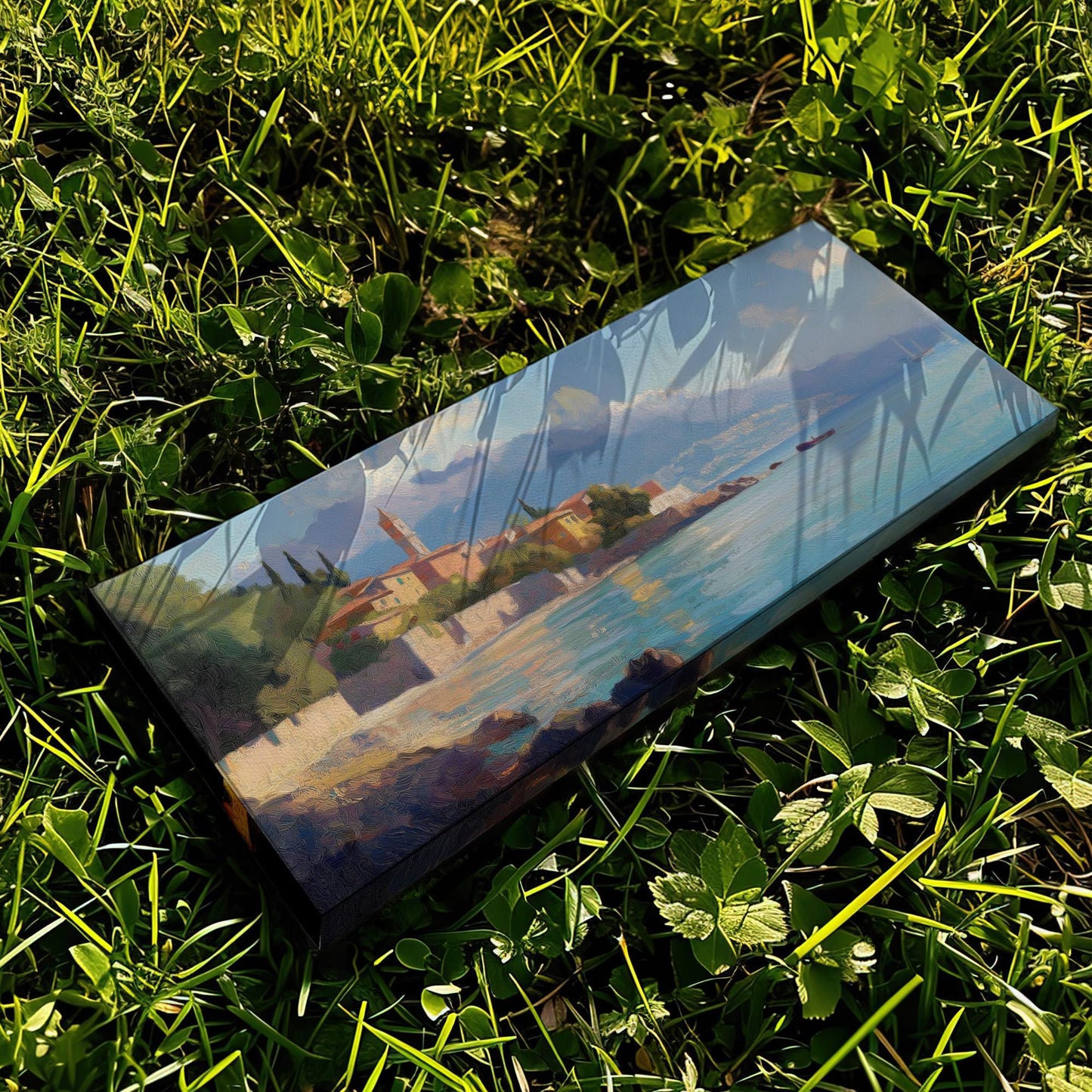 Italian Village By The Ocean Panoramic Wall Art Tuscany, Panorama Tuscan Village Canvas Print, Italian Countryside Decor Canvas Art