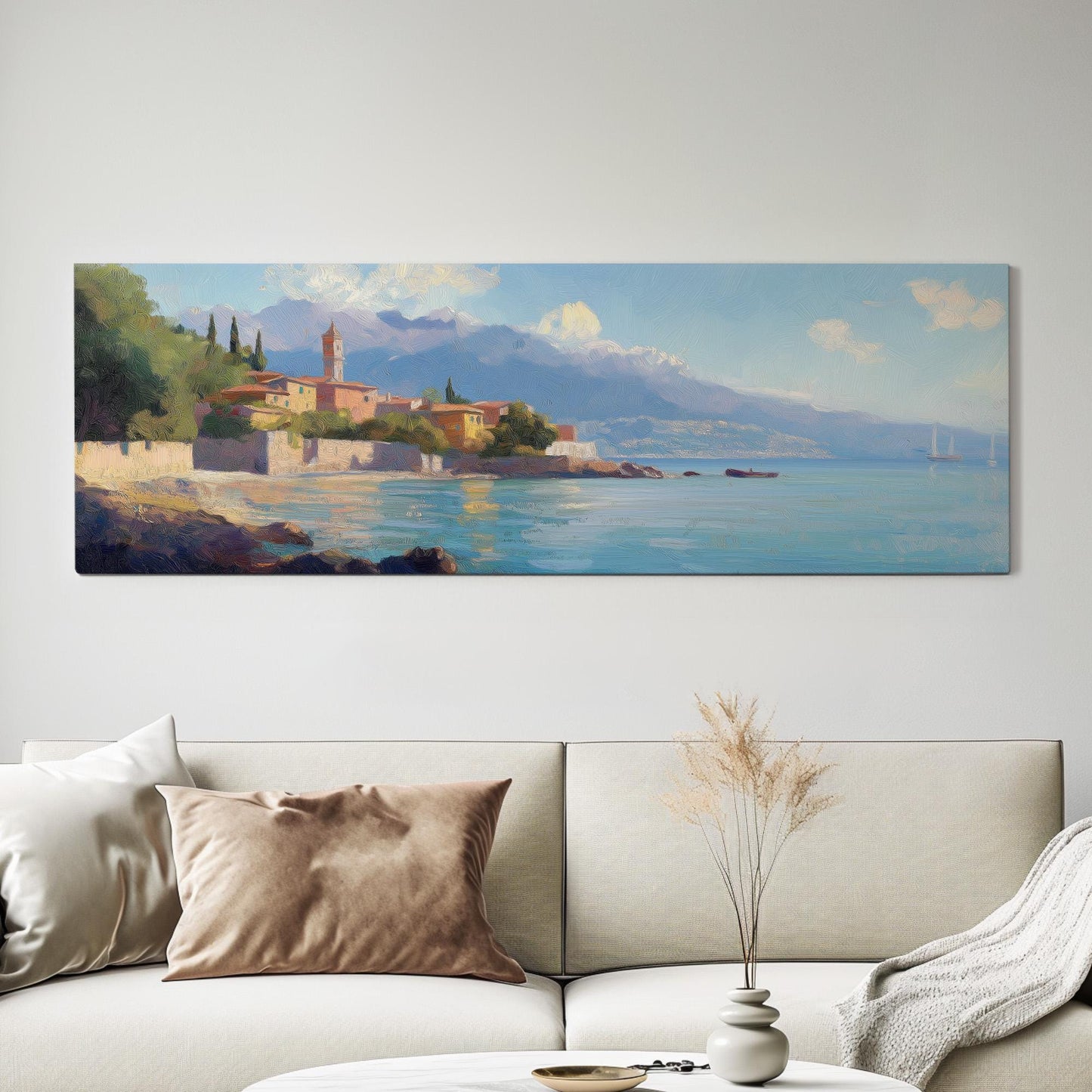 Italian Village By The Ocean Panoramic Wall Art Tuscany, Panorama Tuscan Village Canvas Print, Italian Countryside Decor Canvas Art