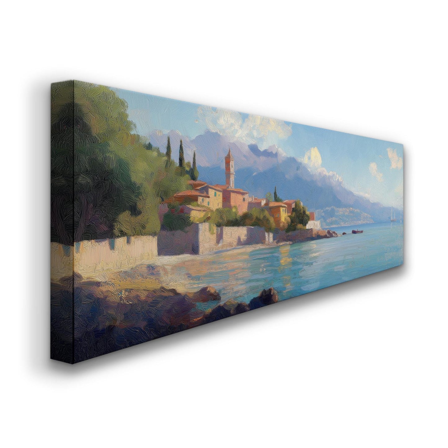Italian Village By The Ocean Panoramic Wall Art Tuscany, Panorama Tuscan Village Canvas Print, Italian Countryside Decor Canvas Art