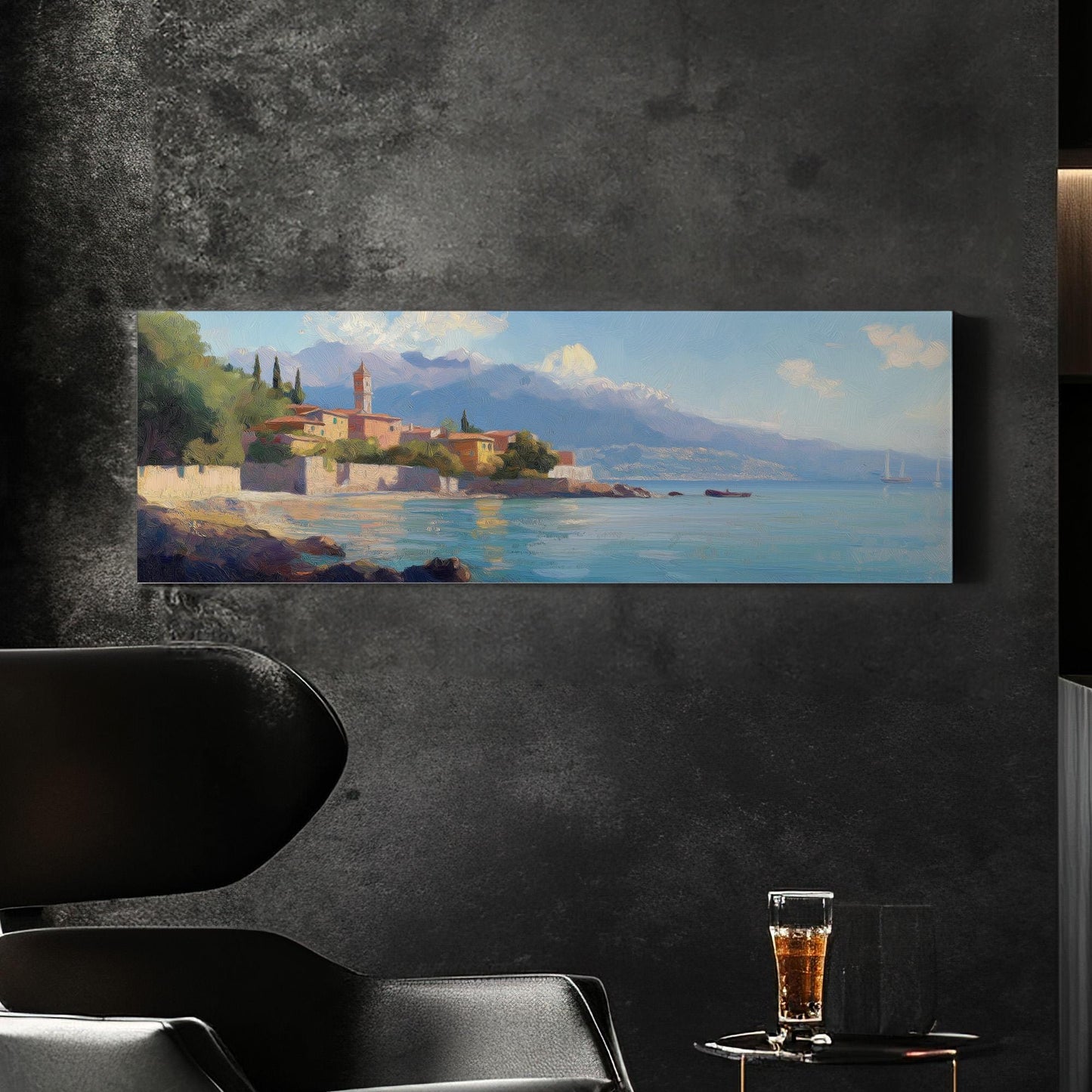 Italian Village By The Ocean Panoramic Wall Art Tuscany, Panorama Tuscan Village Canvas Print, Italian Countryside Decor Canvas Art