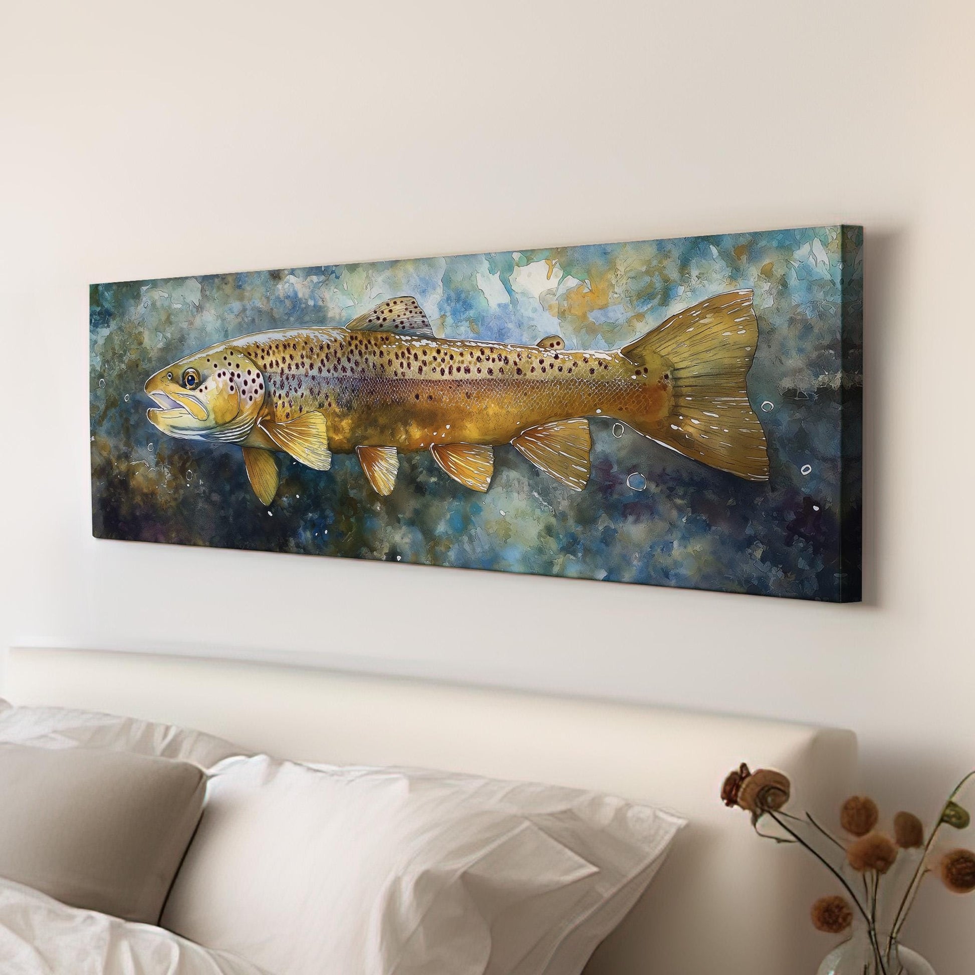 Large Rainbow Trout Panoramic Wall Art Fishing, Panorama Fisherman Canvas Print, Lakehouse Decor Canvas Art