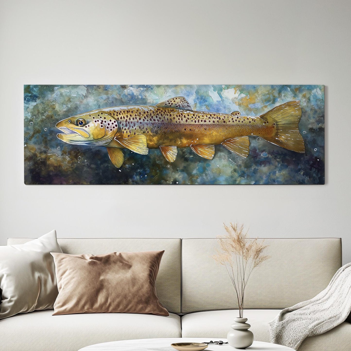 Large Rainbow Trout Panoramic Wall Art Fishing, Panorama Fisherman Canvas Print, Lakehouse Decor Canvas Art