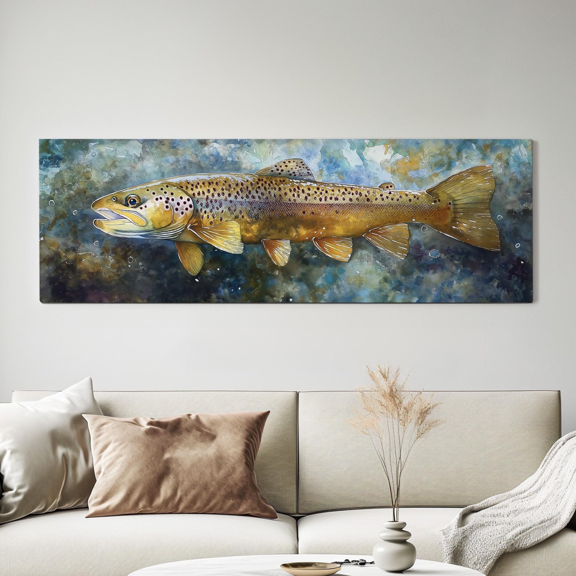 Large Rainbow Trout Panoramic Wall Art Fishing, Panorama Fisherman Canvas Print, Lakehouse Decor Canvas Art