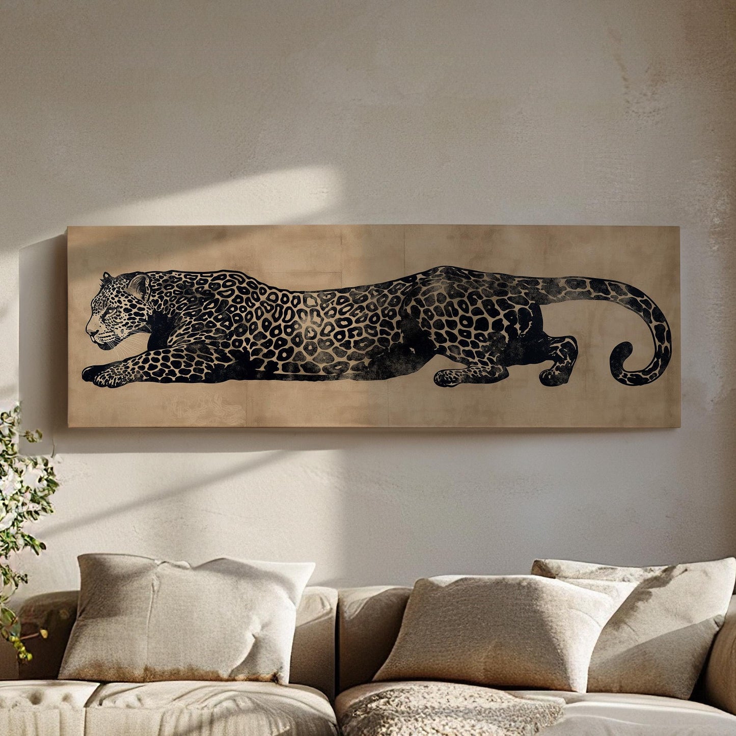 Leopard Minimal Panoramic Wall Art Aesthetic, Panorama Cheetah Canvas Print, Wildlife Decor Canvas Art