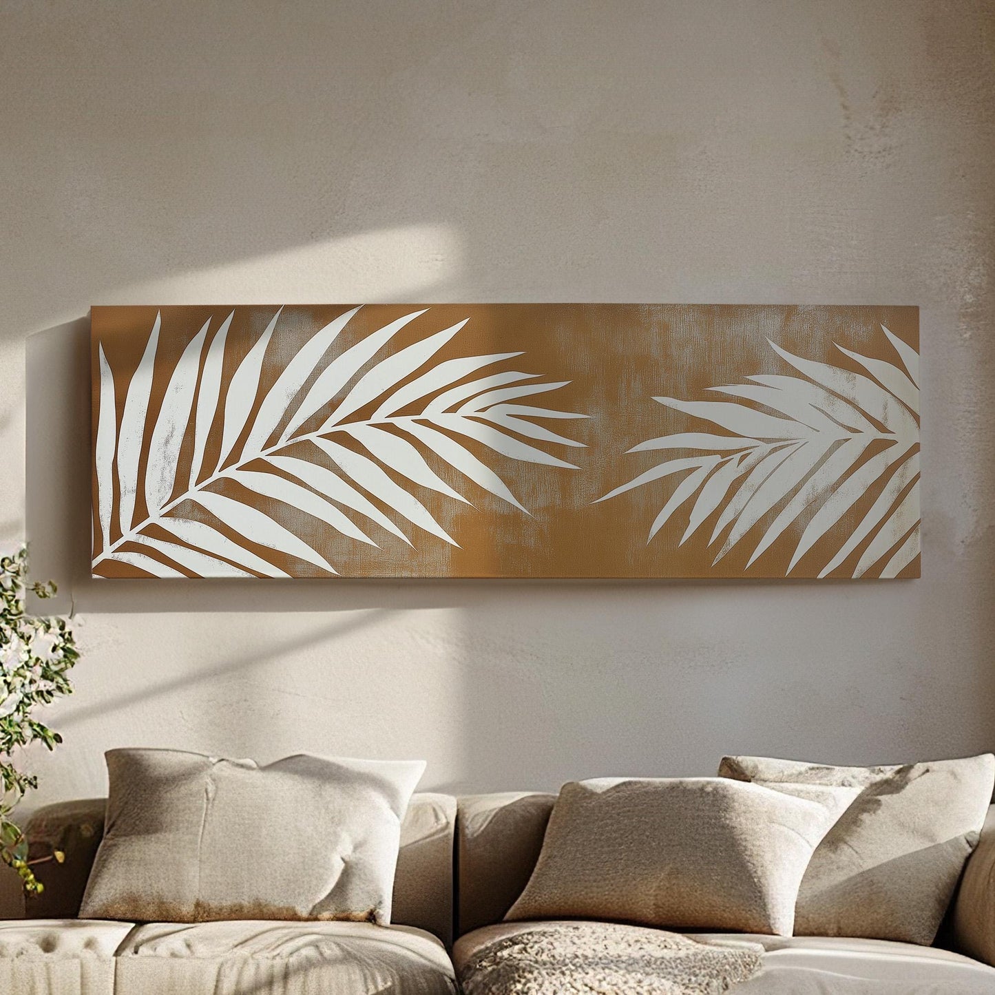 Palm Tree Brown Background Panoramic Wall Art Tropical, Panorama Rainforest Canvas Print, Botanical Decor Canvas Art