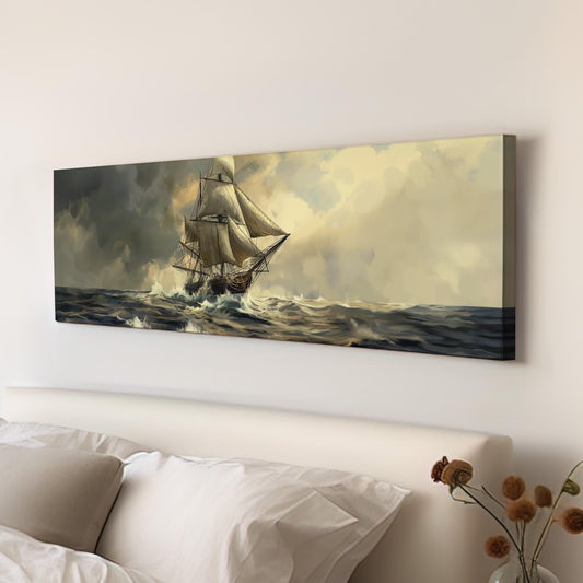 Sailboat on The Open Sea Panoramic Wall Art For Bedroom, Panorama Lake House Canvas Print, Vintage Oil Decor Canvas Art