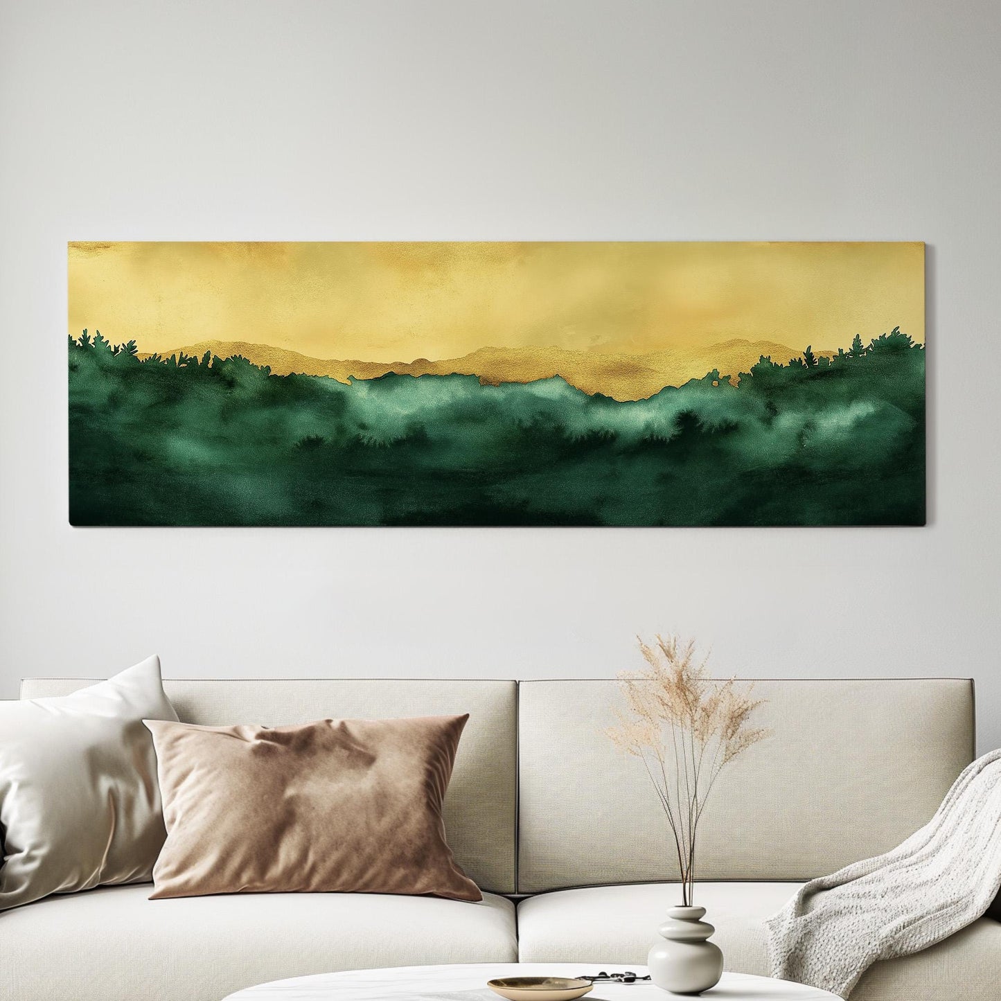 Abstract Golden Sky Panoramic Wall Art Emerald Green, Panorama Beautiful Landscape Canvas Print, Rustic Country Decor Canvas Art