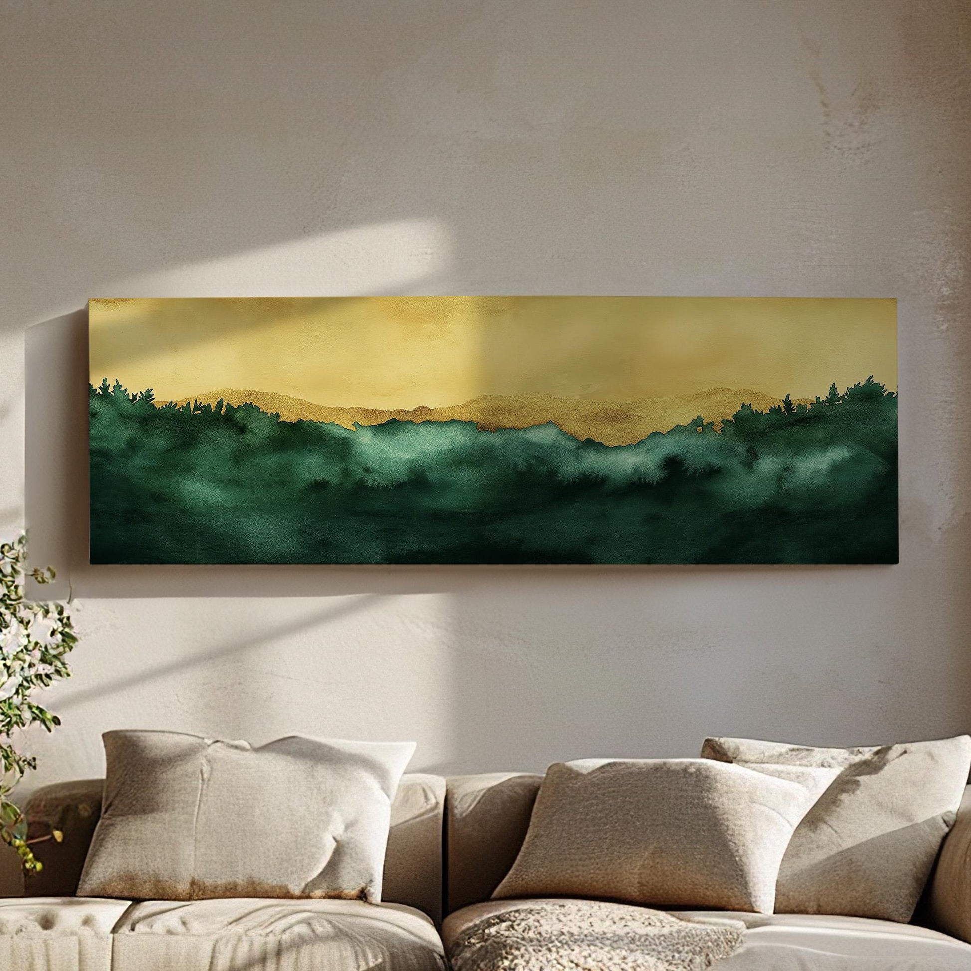 Abstract Golden Sky Panoramic Wall Art Emerald Green, Panorama Beautiful Landscape Canvas Print, Rustic Country Decor Canvas Art