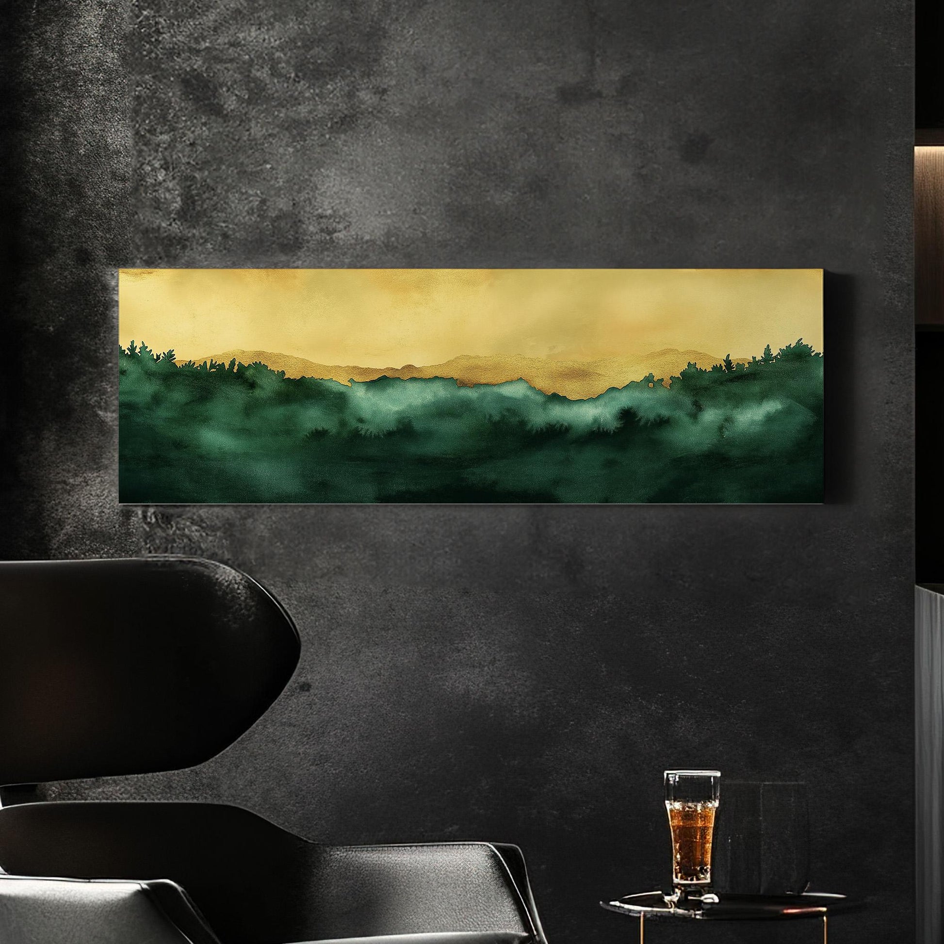 Abstract Golden Sky Panoramic Wall Art Emerald Green, Panorama Beautiful Landscape Canvas Print, Rustic Country Decor Canvas Art