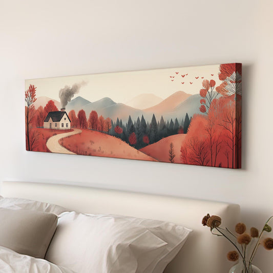 Old Farmhouse Scene Panoramic Wall Art Cottage Fall, Panorama Cozy Autumn Canvas Print, Rustic Fall Decor Canvas Art