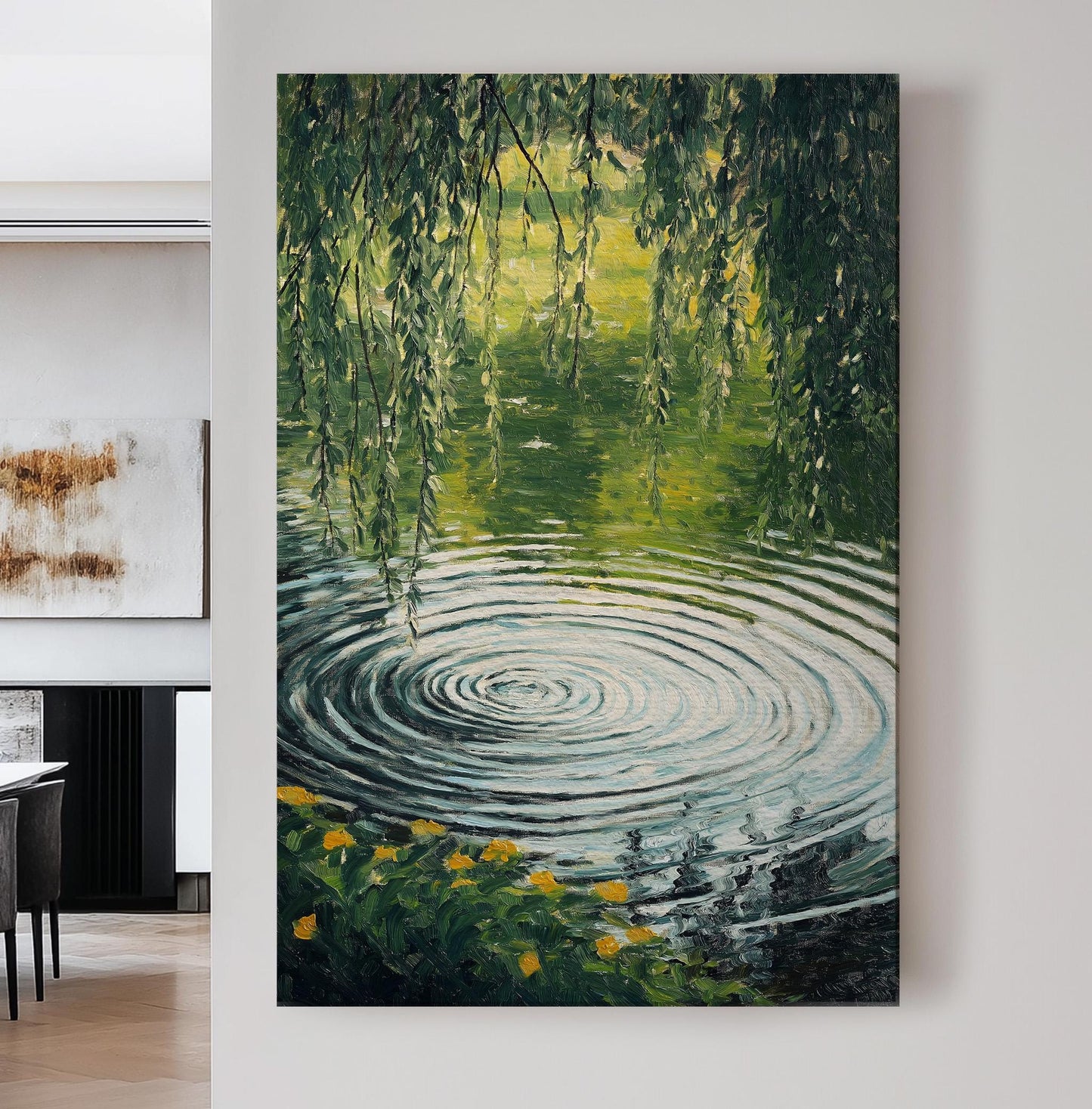 Water Ripples Under A Tree Vertical Wall Art Lake Scene, Decor Quiet Pond Canvas Print, Tranquil Big Canvas Art