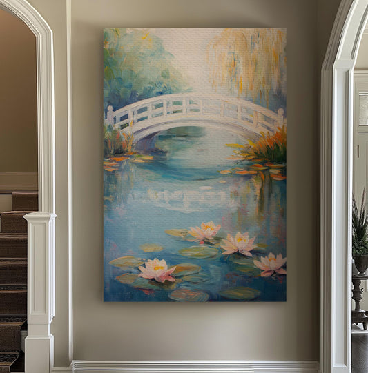 Water Lily Under The Bridge Vertical Wall Art Lake Scene, Decor Quiet Pond Canvas Print, Tranquil Big Canvas Art