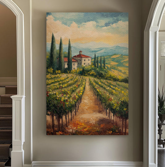 Vintage Vineyard Vertical Wall Art Tuscany, Decor Tuscan Village Canvas Print, Italian Countryside Big Canvas Art