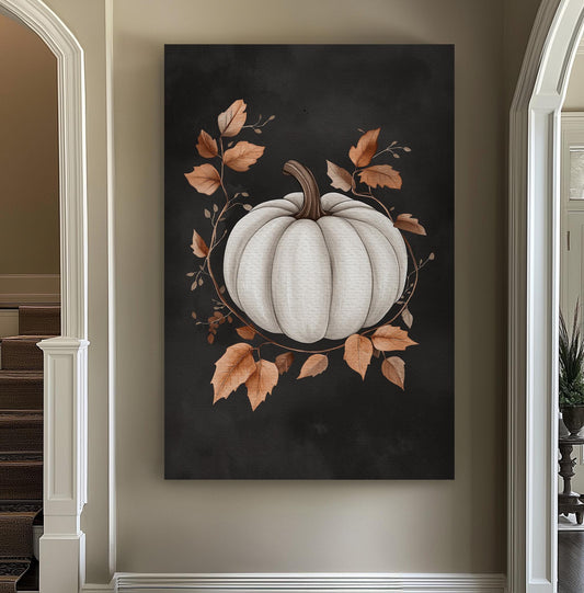 Rustic White Pumpkin Vertical Wall Art Cottage Fall, Decor Cozy Autumn Canvas Print, Rustic Fall Big Canvas Art