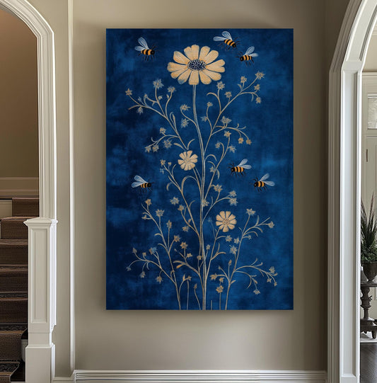 Royal Blue Gold Honey Bee Vertical Wall Art Bumble Bee, Decor Cottagecore Vibe Canvas Print, Mid Century Big Canvas Art