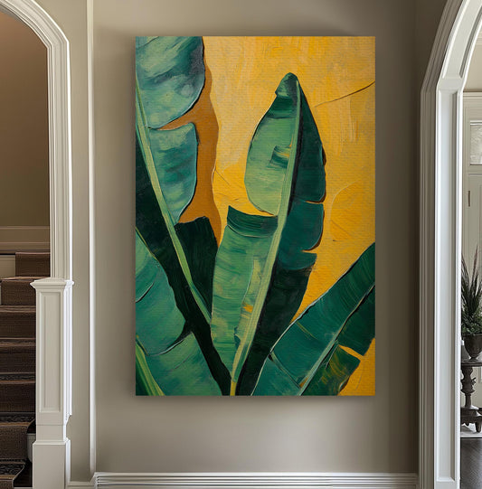 Palm Tree Yellow Background Vertical Wall Art Tropical, Decor Rainforest Canvas Print, Botanical Big Canvas Art