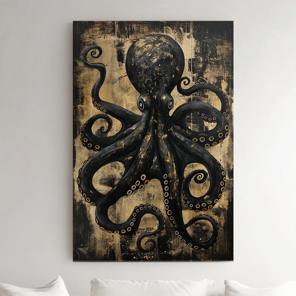 Mystic Octopus Vertical Wall Art Sea Creature, Decor Nautical Canvas Print, Beach House Big Canvas Art