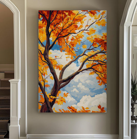 Autumn Oak Tree Canvas Print: Rustic Cottage Wall Art