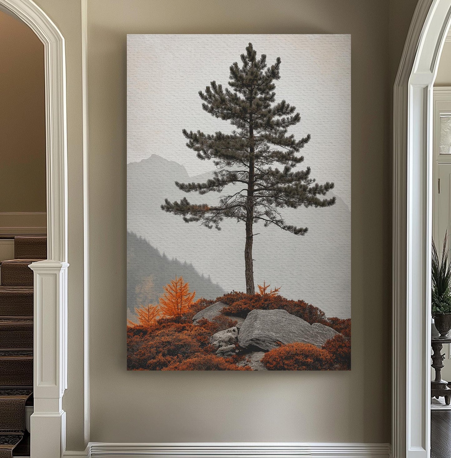 Lone Pine Tree At the Edge of the Mountain Vertical Wall Art Cozy Autumn, Decor Rustic Fall Canvas Print, Nature Big Canvas Art