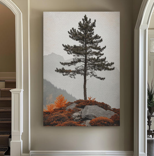 Lone Pine Tree At the Edge of the Mountain Vertical Wall Art Cozy Autumn, Decor Rustic Fall Canvas Print, Nature Big Canvas Art