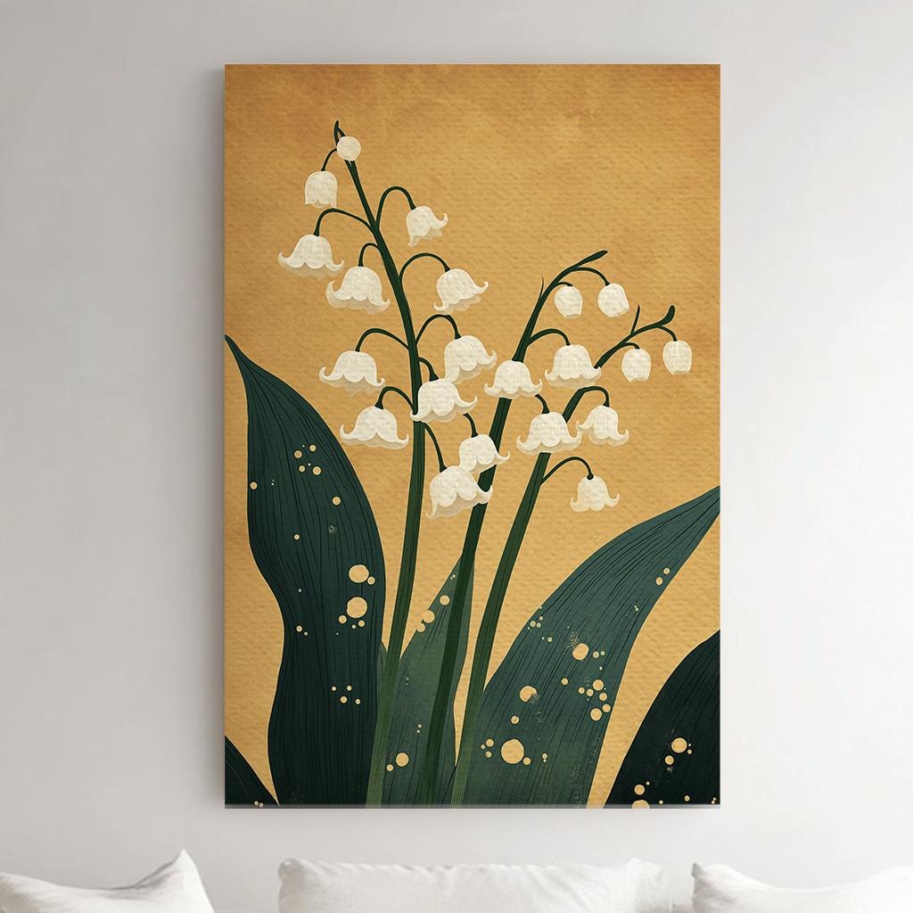 Lily of the Valley Gold Vertical Wall Art Floral, Decor Lillies Canvas Print, Still Life Big Canvas Art