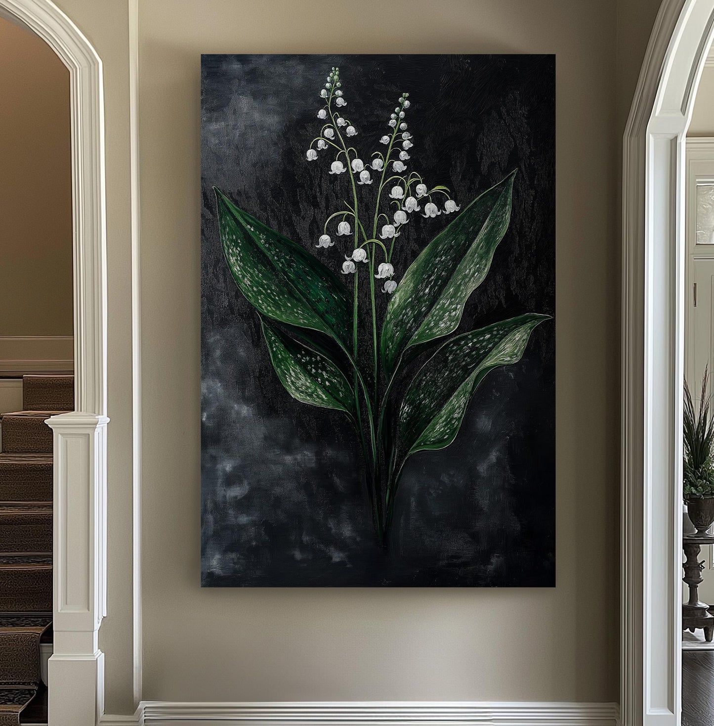 Lily of the Valley Black Vertical Wall Art Floral, Decor Lillies Canvas Print, Still Life Big Canvas Art