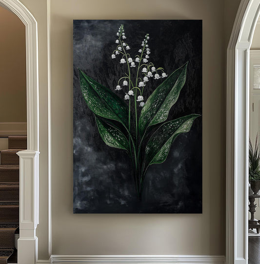 Lily of the Valley Black Vertical Wall Art Floral, Decor Lillies Canvas Print, Still Life Big Canvas Art