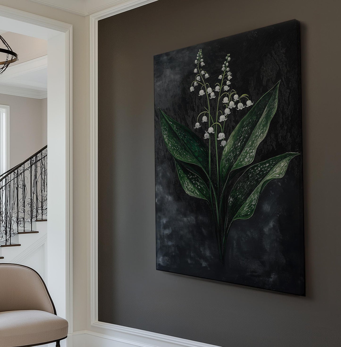 Lily of the Valley Black Vertical Wall Art Floral, Decor Lillies Canvas Print, Still Life Big Canvas Art