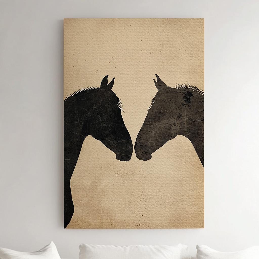 Horse Couple Vertical Wall Art Farmhouse, Decor Animal Canvas Print, Horse Farm Big Canvas Art