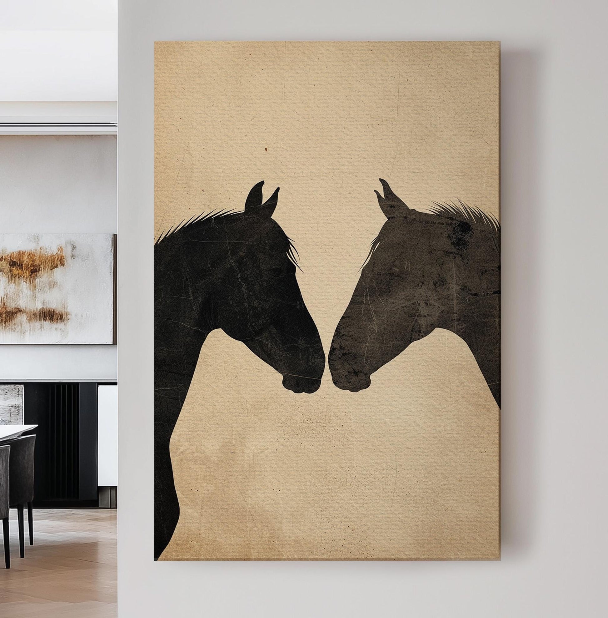 Horse Couple Vertical Wall Art Farmhouse, Decor Animal Canvas Print, Horse Farm Big Canvas Art