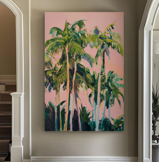 Florida Palm TreePink Sky Vertical Wall Art Coastal, Decor Tropical Canvas Print, Summer Pastel Big Canvas Art