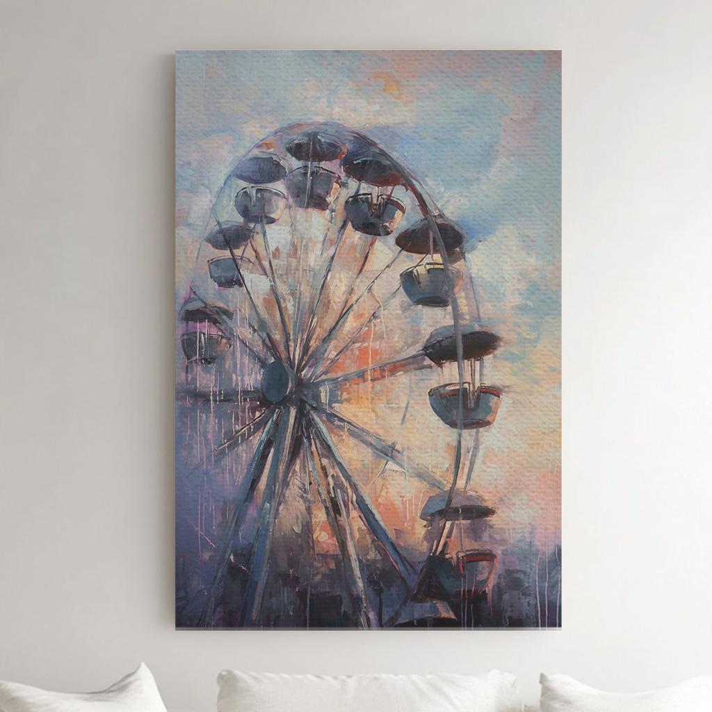Ferris Wheel At Sunset Vertical Wall Art Whimsical, Decor Amusement Park Canvas Print, Rustic Americana Big Canvas Art