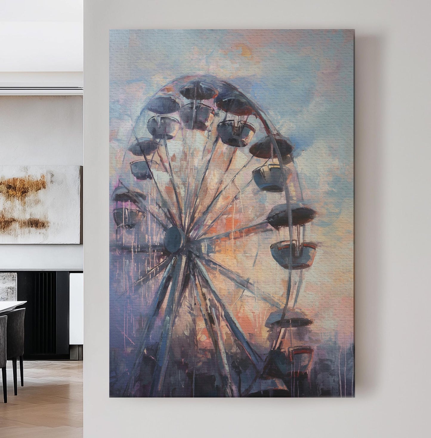Ferris Wheel At Sunset Vertical Wall Art Whimsical, Decor Amusement Park Canvas Print, Rustic Americana Big Canvas Art