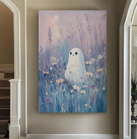 Cute Ghost In The Purple Field Vertical Wall Art Cottage Fall, Decor Cozy Autumn Canvas Print, Rustic Fall Big Canvas Art