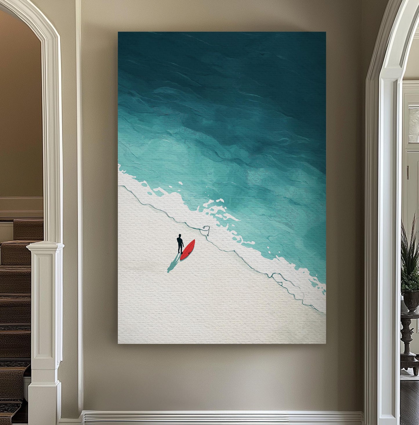 Surfing Alone Vertical Wall Art Surfboard, Decor Beach Vibe Canvas Print, Coastal Big Canvas Art