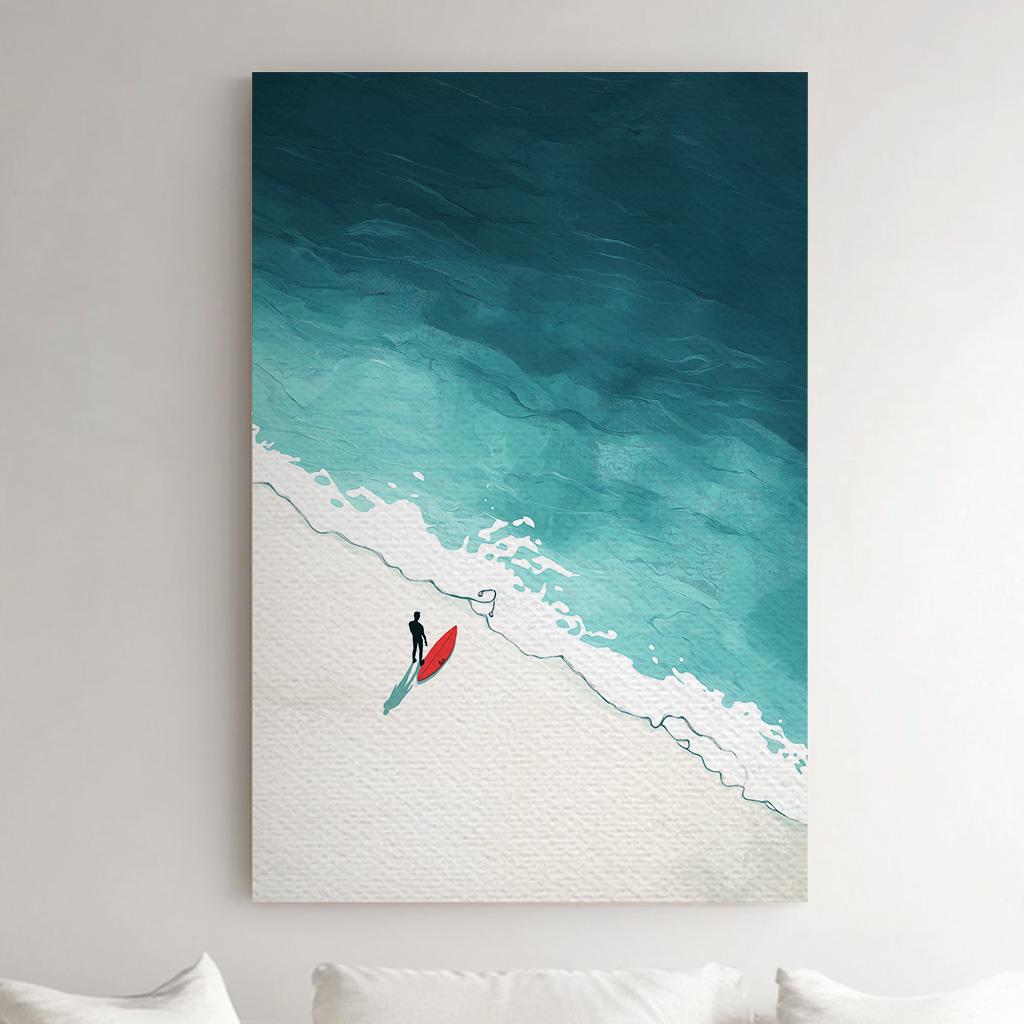 Surfing Alone Vertical Wall Art Surfboard, Decor Beach Vibe Canvas Print, Coastal Big Canvas Art