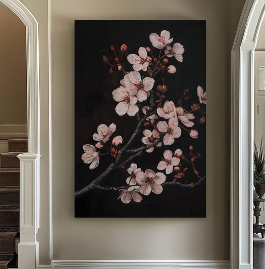 Cherry Blossom Branch Vertical Wall Art Sakura Tree, Decor Japanese Canvas Print, Vintage Oil Big Canvas Art