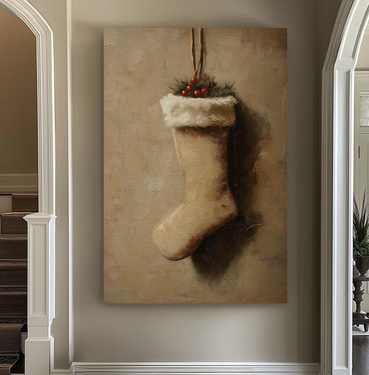 Brown Christmas Stocking Vertical Wall Art Christmas, Decor Winter Canvas Print, Farmhouse Big Canvas Art