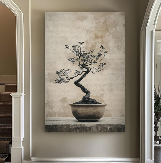 Bonsai Grey Vertical Wall Art Japanese, Decor Botanical Canvas Print, Muted Colors Sephia Big Canvas Art