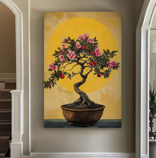 Bonsai Cherry Tree Vertical Wall Art Japanese, Decor Botanical Canvas Print, Muted Colors Sephia Big Canvas Art