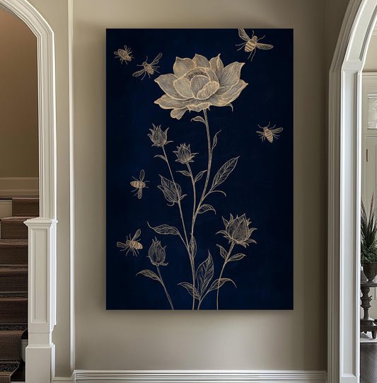 Blue Gold Honey Bee Vertical Wall Art Bumble Bee, Decor Cottagecore Vibe Canvas Print, Mid Century Big Canvas Art