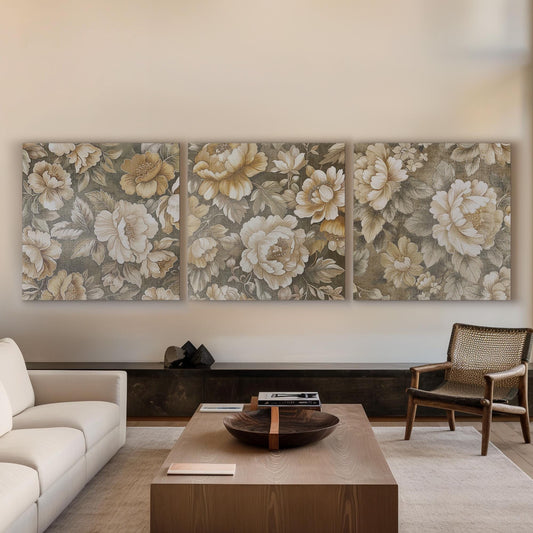 Vintage Floral Pattern Triple Canvas Wall Art Olive Green, Huge Beige Canvas Print, Retro Folwers Decor Canvas Art