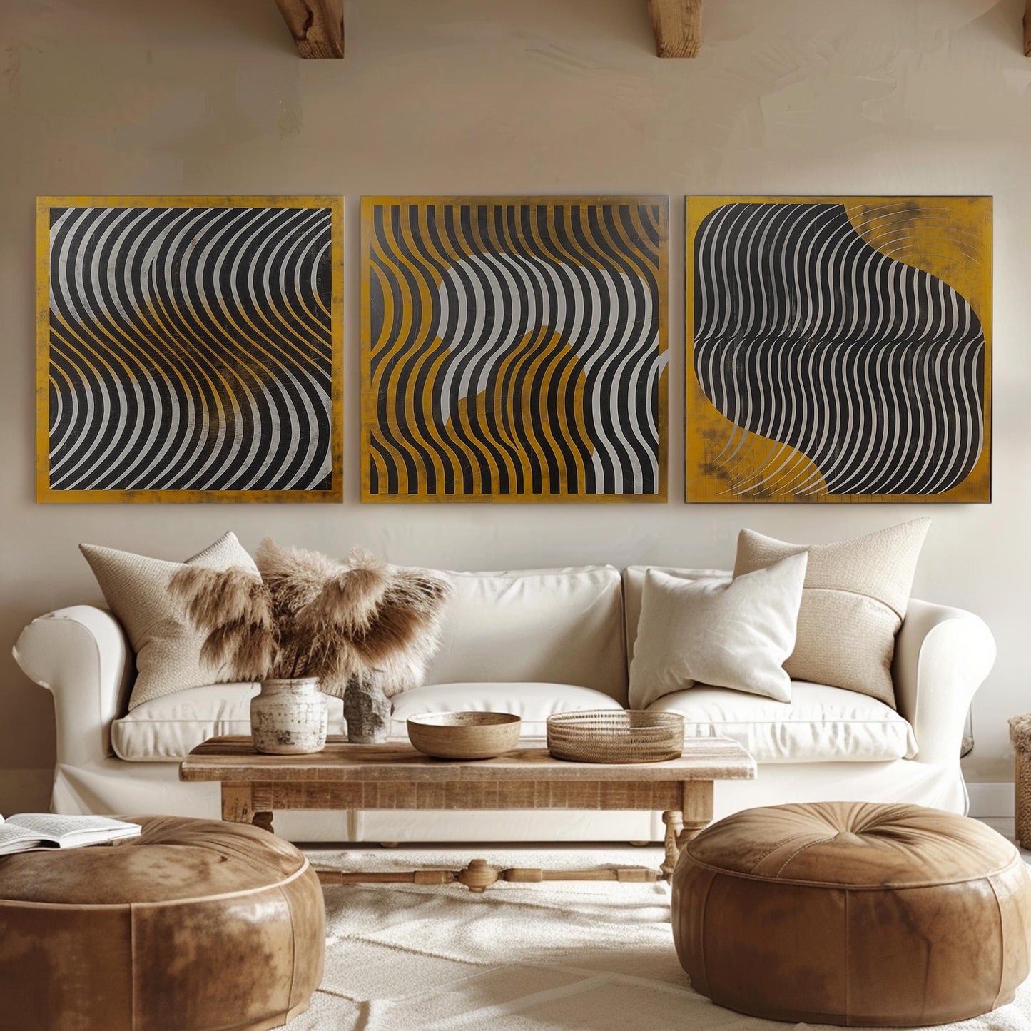 Line Art Wabi Sabi Triple Canvas Wall Art Yellow, Huge Abstract Japandi Canvas Print, Neutral Decor Canvas Art