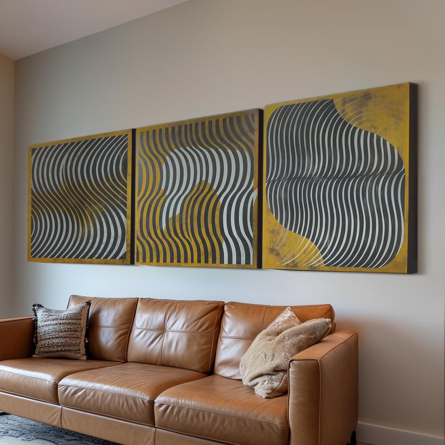 Line Art Wabi Sabi Triple Canvas Wall Art Yellow, Huge Abstract Japandi Canvas Print, Neutral Decor Canvas Art